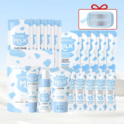 Laikou Milk Skincare Beauty Set Moisturizing Repairing Set Hydrating Complete Kit with Essence 17ML, Eye Cream 15g, Moisturizer 30g, Hand Creams, Sleep Masks & Mud Masks, Includes Makeup Bag