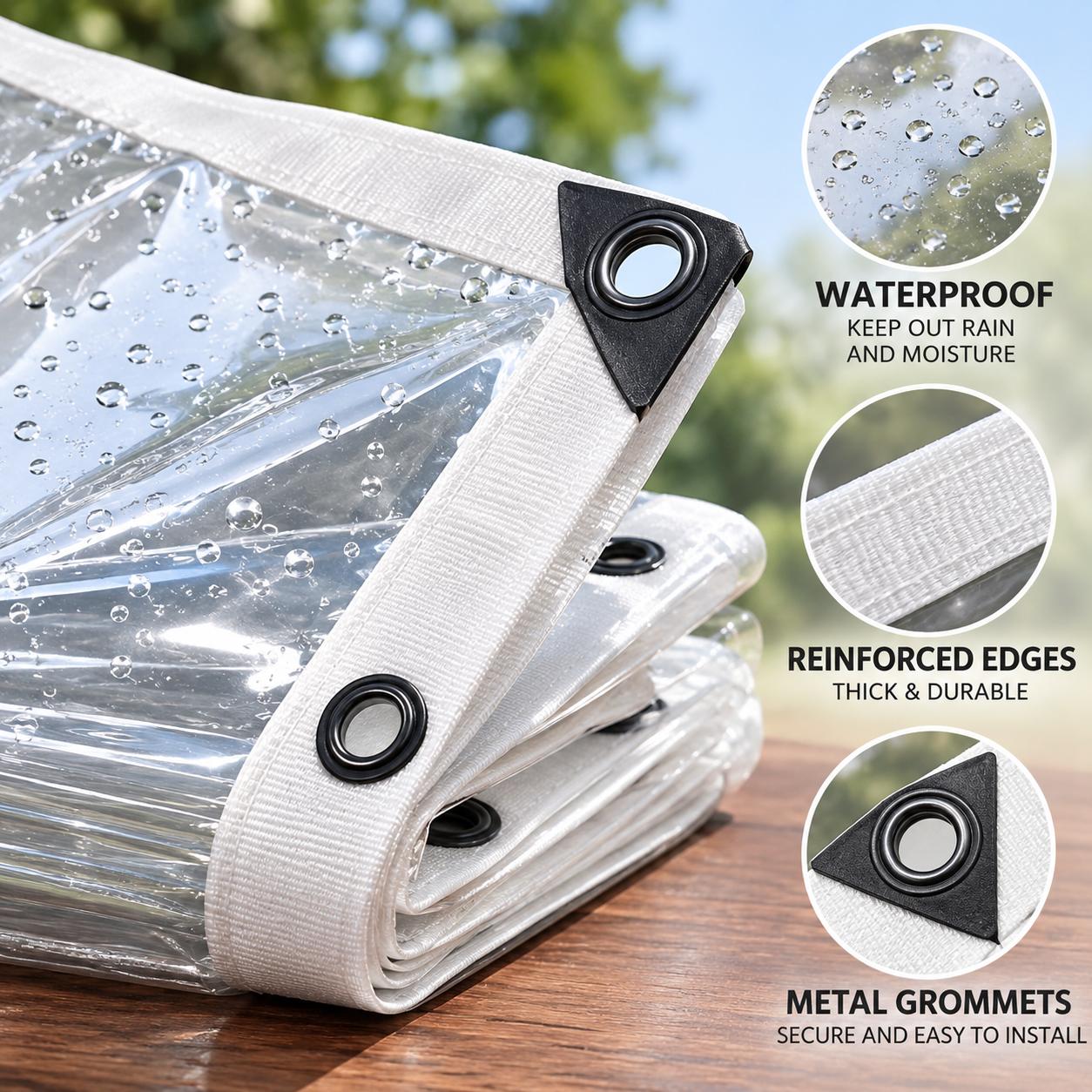 Home-use transparent Heavy-Duty waterproof fabric, durable multi-functional dust-proof and rain-proof fabric, with thick seam edges and reinforced rivet holes, is an ideal protective dustproof protection cover for patios and campers.