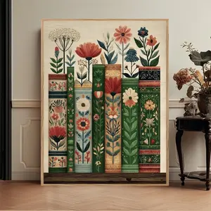 Folk Floral Book Stack Wall Art, Book Lover Gift, Earthy Literary Decor Poster (Unframed)
