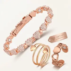 [Buy 1 Get 3] Bracelet + 2 FREE 99.99% Pure Copper Rings, Danna Magnetic Bracelet for Women, Ultra Strength 3800 Gauss, copperbracelet Sparkling CZ Adjustable Bangle Jewelry Gift Set - Pulseras de Cobre de Mujer, Bienestar
