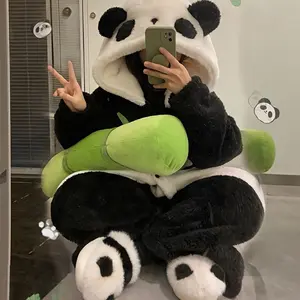 [Cozy|Preppy] Cozy Preppy Style 1pc Panda Flannel Wearable Blanket| Cartoon Animal Themed, Machine Washable, Knitted Polyester, 200-250gsm, Patched Embellishment, Long Thickened Fleece Home Robe