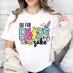 Oh, my goodness!Easter bunny and carrot pattern printed T-shirt, white round-neck casual top, suitable for women, perfect for Spring Festival parties