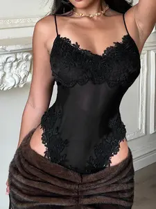 Women's Sexy Lace Mesh Sleeveless Bodysuit Lingerie, Plain Slim Fit Design, Perfect for Casual & Party Wear, Comfortable All-Day Use