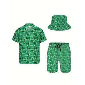 Men's 3-Piece Menswear Beach Outfit - Short-Sleeve Button Shirt, Elastic Shorts, Bucket Hat, Humorous Green 80s Design, Soft Breathable Fabric, Ideal for Birthday, Sunny Days