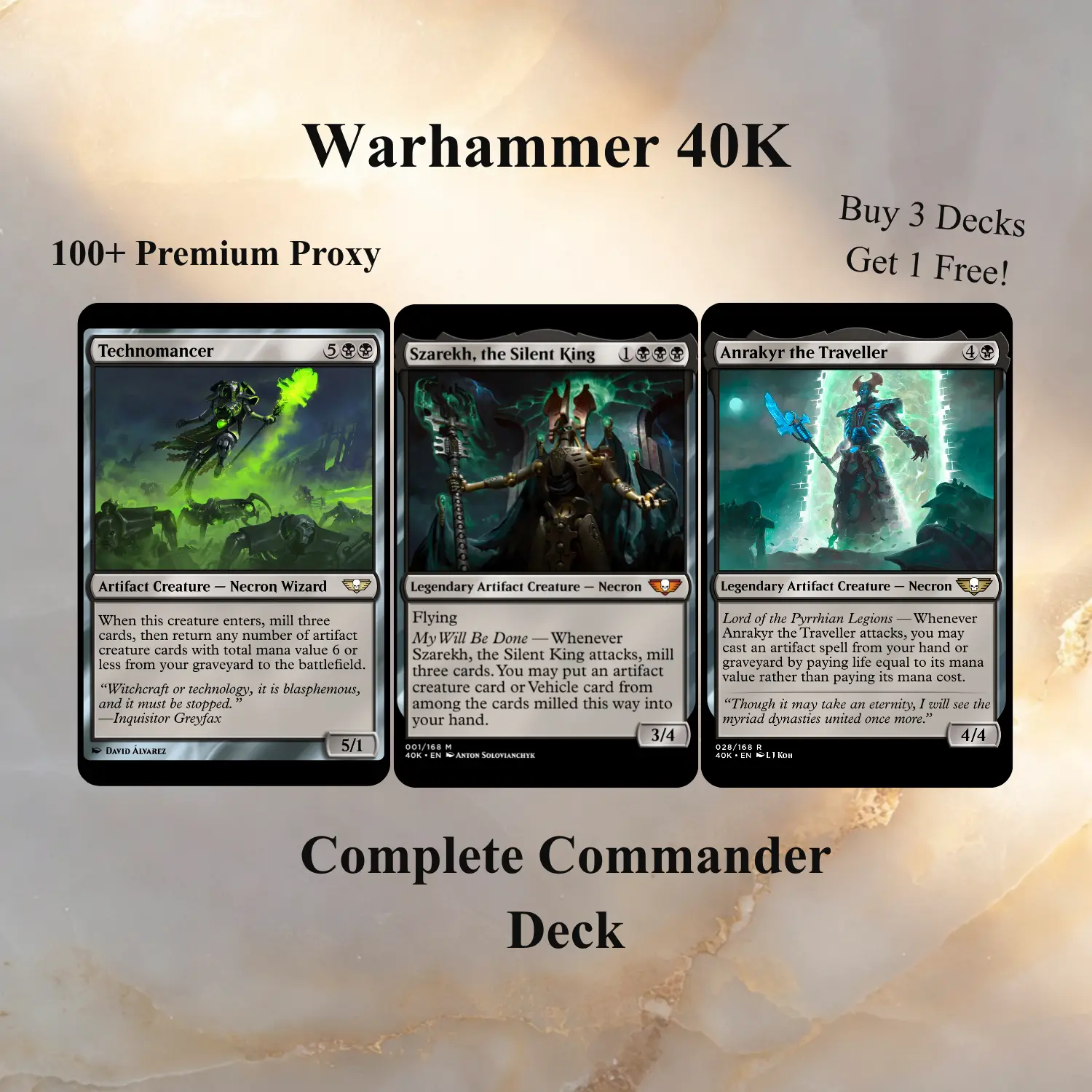 Warhammer 40K Necron Inspired Proxy Deck 100 Cards + Tokens | Mono Black Commander Deck | Ready to Play Full EDH Build