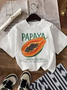 Women's Casual Fashion Streetwear Knit Fabric T-Shirt Round Neck, Comfortable Fitted Design, Summer Style with Fruit Print, Trendy Letter Pattern, Perfect for Outdoor Activities, Breathable Lightweight