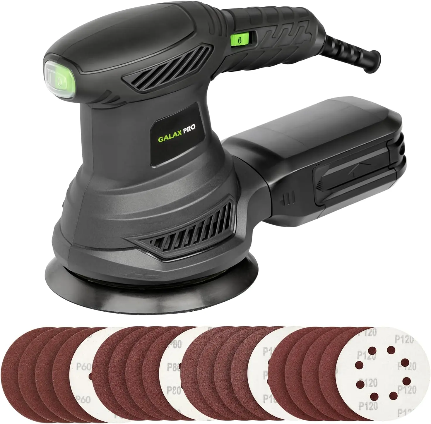 2.5A 300W Electric Orbital Sander with 6 Speeds| 6000-13000RPM,4.9-Inch with 20PCS Sandpapers,1 dust canister,Fit for Woodworking, Sanding, Polishing