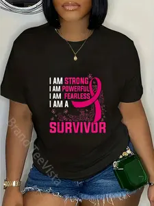 100% Cotton Unisex I Am Strong Powerful Fearless Pink Breast Cancer Survivor T-Shirt Graphic Casual Round Neck Tee