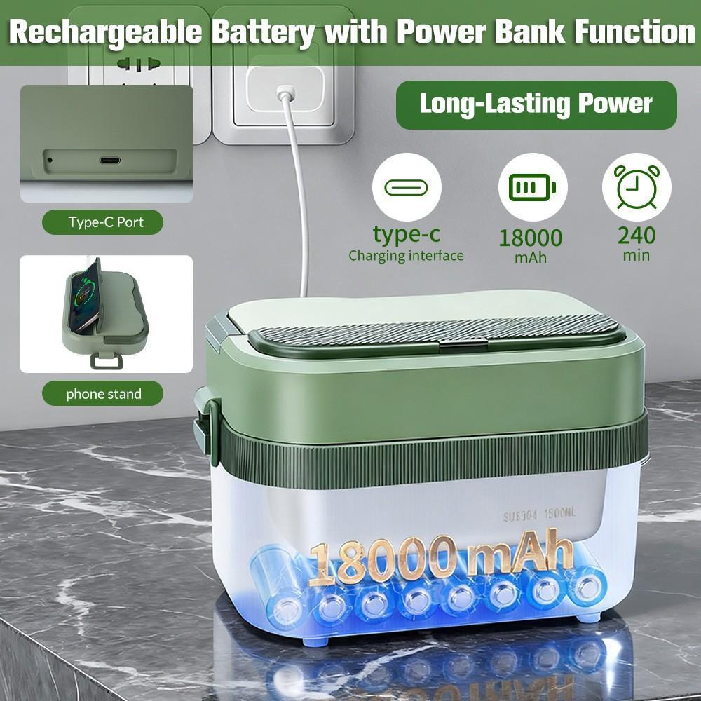 Cordless Heated Lunch Box 1.5L, Electric Food Warmer with 18000mAh Rechargeable Battery, 60W Lunch Box with Timer for Work Travel