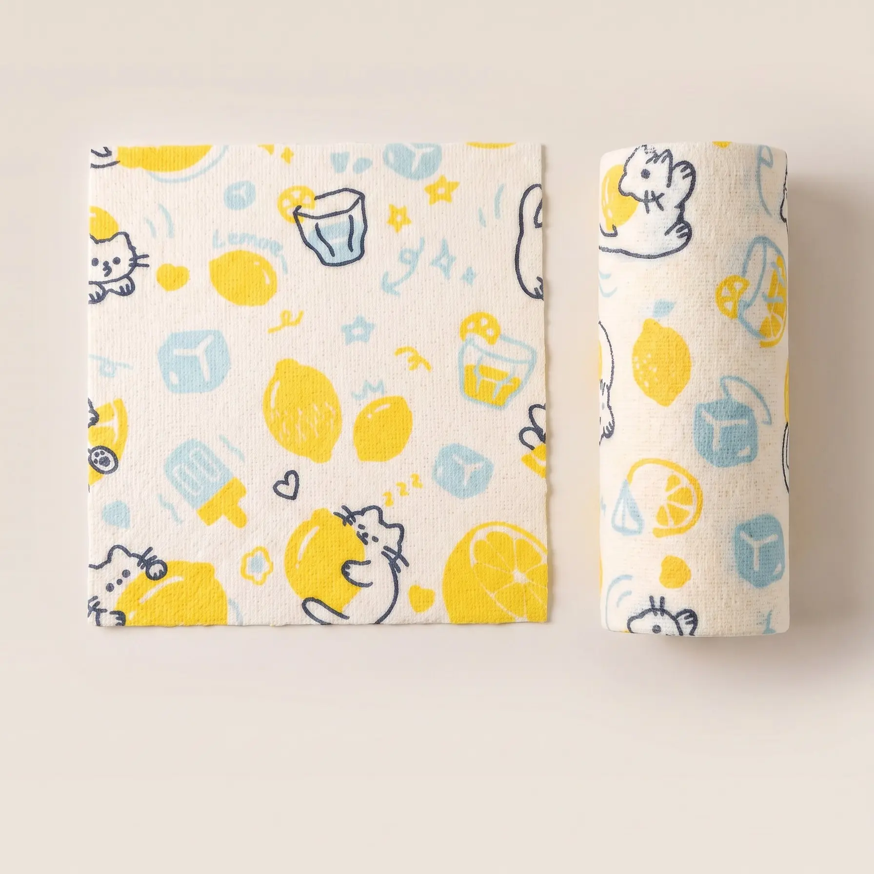 Lemon Cat Cartoon Printed Reusable Cleaning Cloth Roll, 20 Tearable Sheets, Lint-Free Polyester Multipurpose Towels, Absorbent Wipes for Kitchen, Bathroom, Glass & Household Surfaces