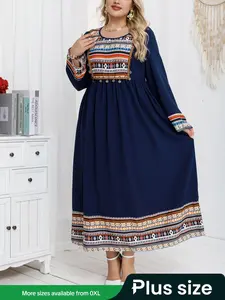 Women's Plus Size Ethnic Embroidered Dress, Casual Loose-Fit Long Sleeve Round Neck Patchwork Maxi Dress for Fall & Winter, Womenswear