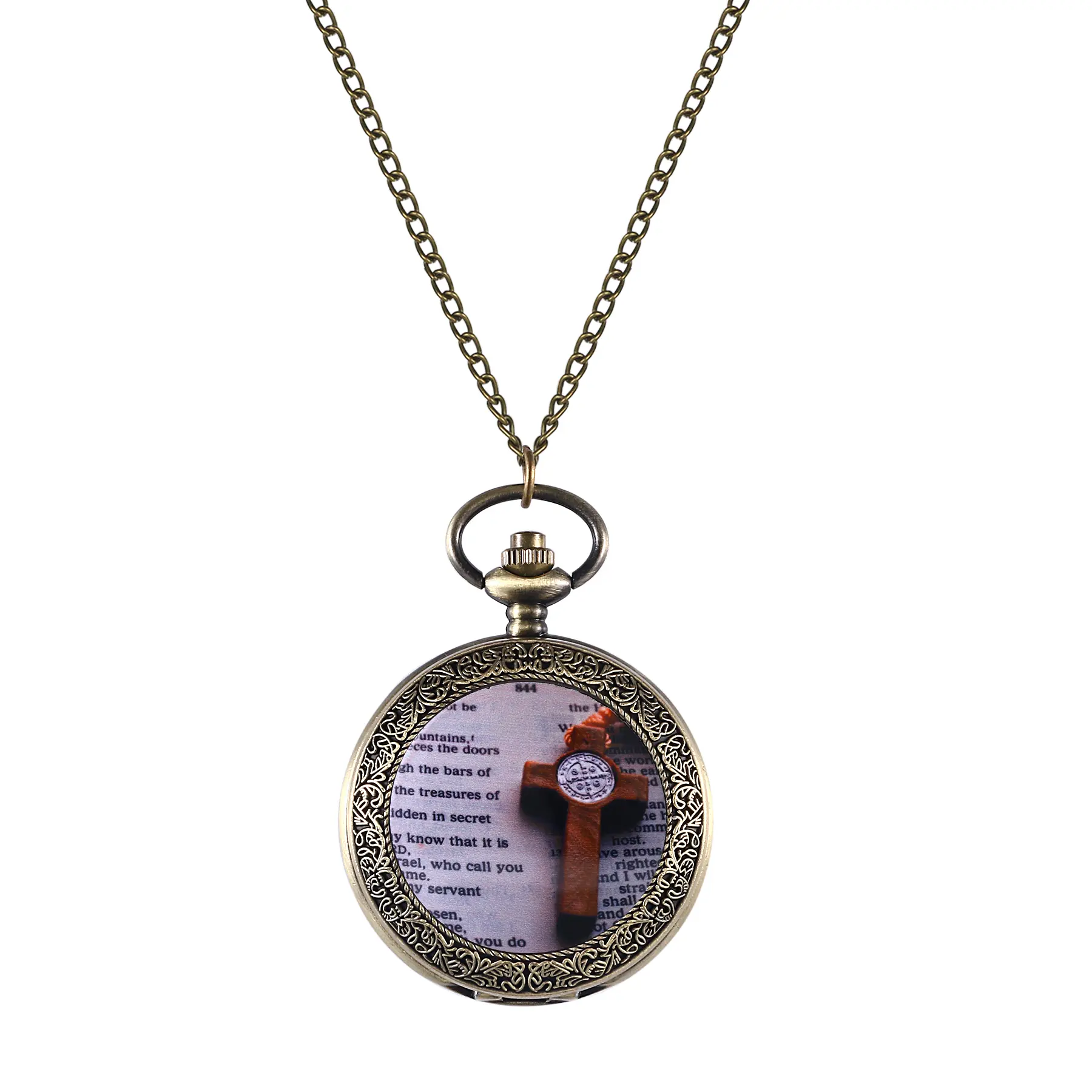 OIDEA Bible & Cross Pocket Watch, Quartz Antique Bronze Necklace Watch, Scripture and Cross Combined Case, Christian Devotional Gift