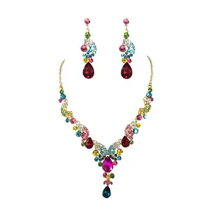 B Jewelry Collection 2-Piece Candy Color Glass Crystal Statement Necklace & Tear Drop Earrings Set for Special Occasions, Glass Crystals