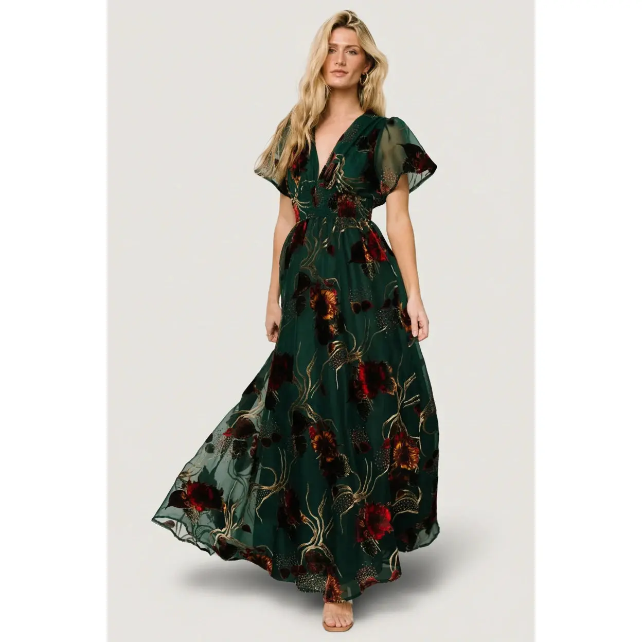 Women's Light Floral Polyester Camisole Short-Sleeve Valen Maxi Dress - Elegance-Focused Jade Multi Shell Casual Dress with Comfortable Fabric