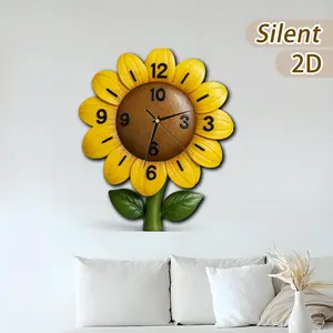 Wooden Silent Wall Clock with Sunflower Pattern and Numbers, Battery Operated, 11.81 Inch or 15.75 Inch, Home Decor Gift