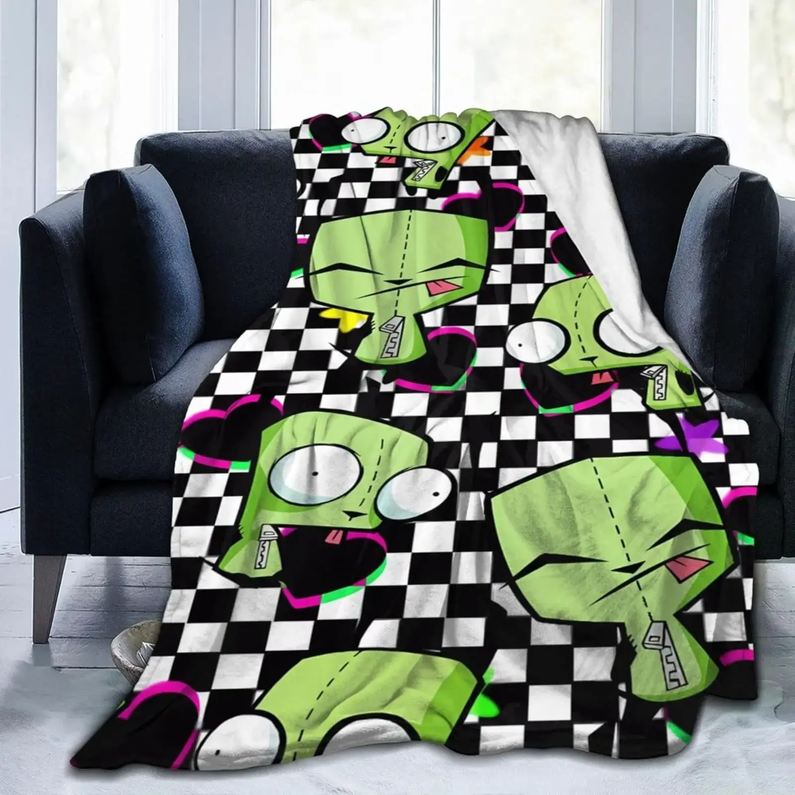 This Quirky Green Bot Throw Blanket In Y2K Cartoon Style With Checkerboard Neon Hearts Is Soft Cozy Flannel For Bed Couch Dorm Decor No More Generic Blankets That Don T Fit Your Alt Aesthetic Or Anime Lover Soul
