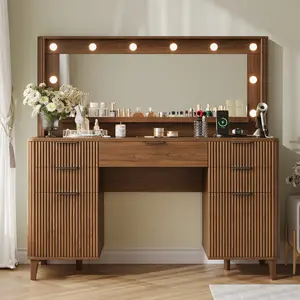 Oxirth Fluted Makeup Vanity Desk with 39.3" LED Mirror, 48.8" Modern Wooden Dressing Table with Charging Station & 5 Drawers, Mid Century Vanity Set for Bedroom Dorm (Natural)