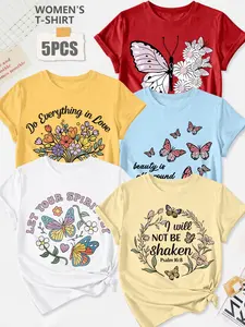 Women's 5-Pack Casual Short Sleeve Crew Neck T-Shirt, Folk Style Geometric Rhombus Tribal Totem Print, Multiple Colors, Machine Washable, Spring & Summer Top, Soft Skin-Friendly Fabric, Daily Wear, Fashion Design