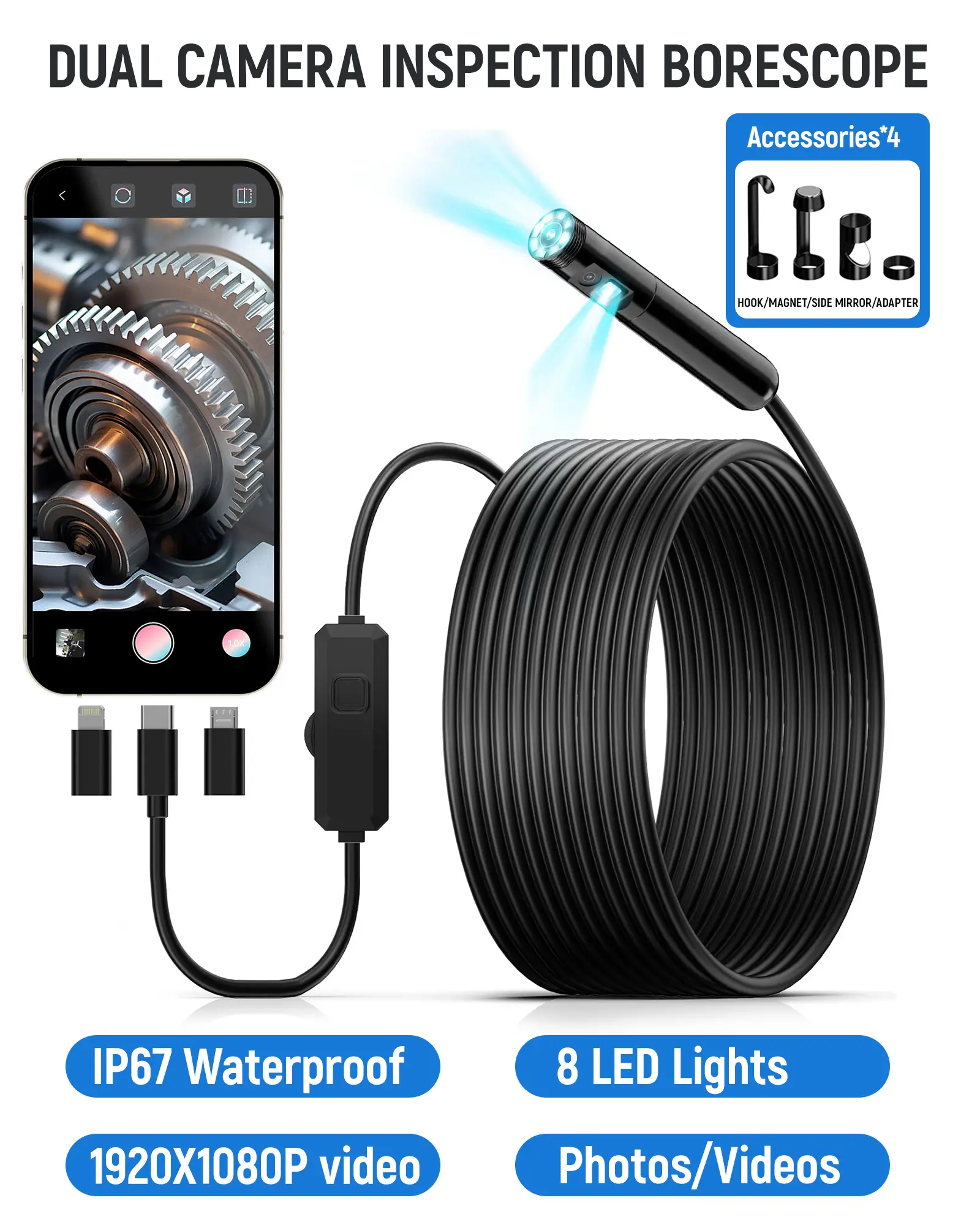Dual Camera Borescope with HD Screen, IP67 Waterproof Inspection Camera for Auto, Pipe & Home Repair