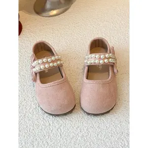 Girls' Pearl Decorated Anti-Slip Buckle Mary Jane Flats, Casual Style, Rubber Sole, Spring & Fall, Daily Wear, Parent-Child Outing