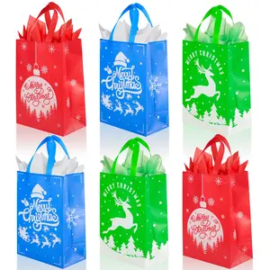 18 Pcs Medium Christmas Gift Bags with Tissue Paper, 13.8''x9.6''x5.6'' Reusable Christmas Tote Bags with Handles, Non-Woven Christmas Bags for Holiday Xmas Party