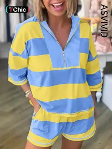 Women's Casual Striped Seam Detail Half Zip Tee and Pocket Shorts Set, High Waist Design, All Seasons Wear, 2-Piece Set