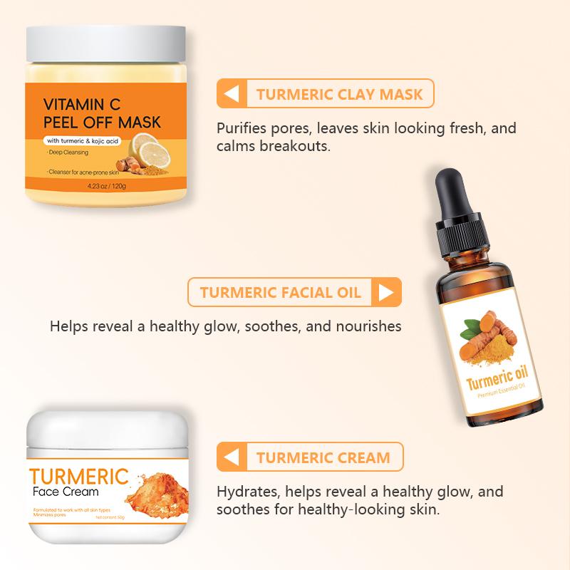 Turmeric 6-Piece Skincare Set with Massage Cleansing Brush – Includes Turmeric Clay Mask, Turmeric Mousse Cleanser, Turmeric Soap, Turmeric Face Cream, and Turmeric Oil. A complete cleansing and skincare kit