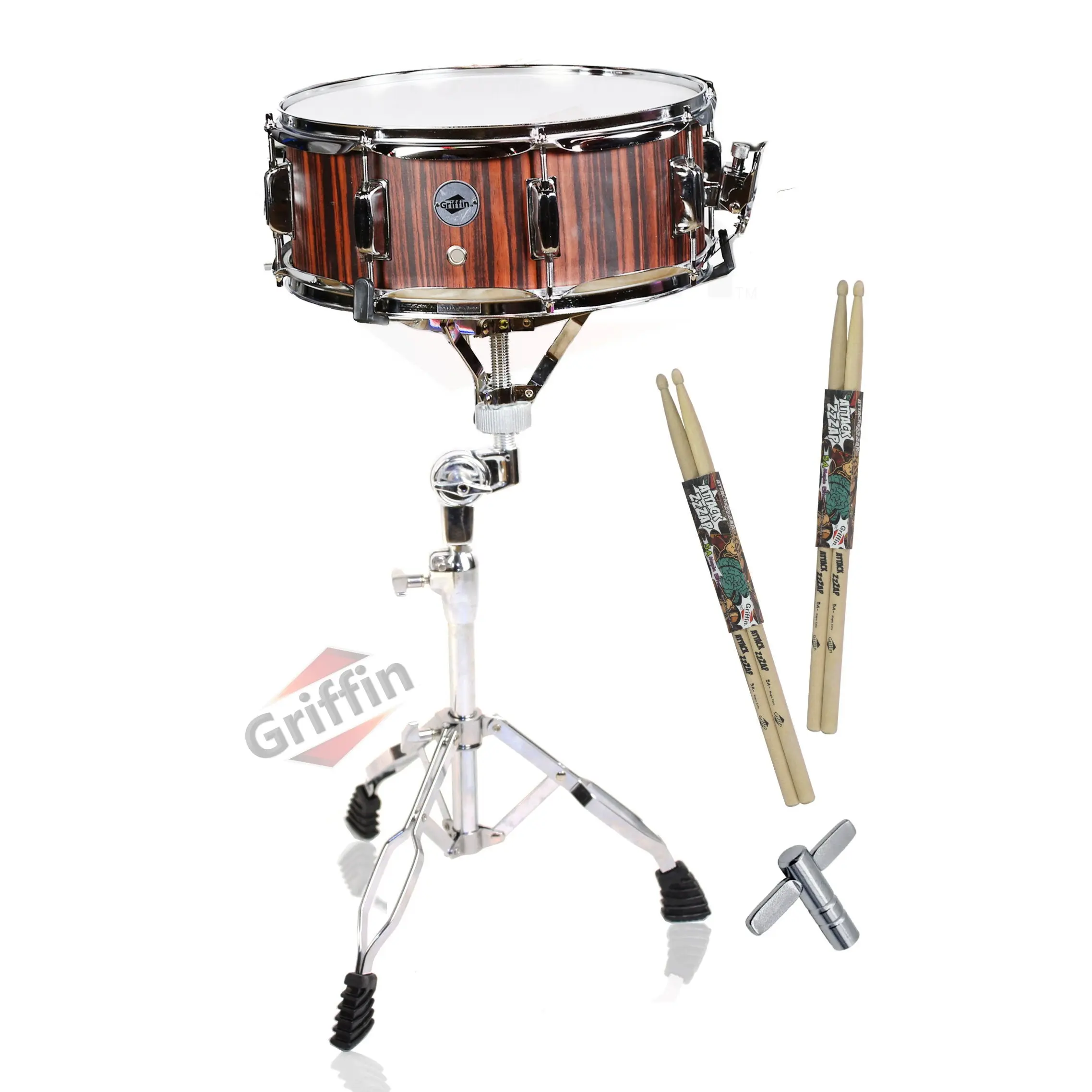 Snare Drum Set by GRIFFIN - Includes Snare Stand, 2 Pairs of Maple Drum Sticks & Drum Key | Wood Shell Drum Set, Chrome Holder Acoustic Marching Percussion Musical Instrument Practice Package