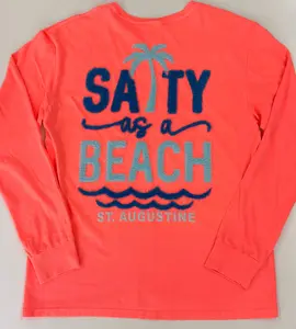St. Augustine "Salty as a Beach" Long Sleeve Shirt - Coral Pink, Soft Cotton, Relaxed Fit, Palm Tree & Wave Graphic, Casual Menswear Top