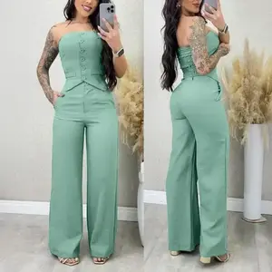 Women's 2 Pieces Bandeau Button Decor Vest Top and Casual Wide Leg Pants Set Travel  Black Minimalist Clothes Suits Spring Break  Strapless Pants Set Outfit mini skirt