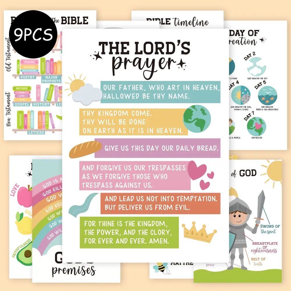 9Pcs Bible Posters, 7 Days of Creation, The Lord's Prayer & God's Goodness Quotes - Christian Wall Art for Adults, Religious Wall Art, Decorative Wall Art, Perfect for Home or Church Decoration, Inspirational Faith Gift