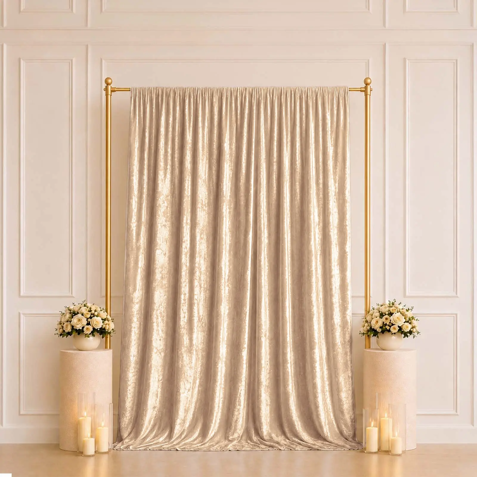 Beige Premium Crushed Velvet Backdrop Curtain 5ft x 10ft – Event Drape Panel & Photo Booth Background with Rod Pocket, 70% Blackout