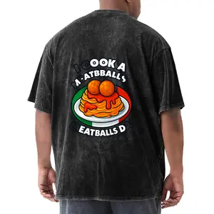 1pcs Cute Graphic of Spaghetti with Meatballs and the Text  I COOK A MEATBALLS MEATBALLS DA   Men's 250g washed pure cotton T-shirt, front and back printed patterns - loose, fashionable, extra-large style, retro worn-out style, suitable for casual wear