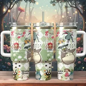 Studio Ghibli Tumbler – Totoro, No-Face & Calcifer Anime Travel Mug With Straw, Premium Insulated Stainless Steel Cup, Cute Aesthetic Fan Gift Idea