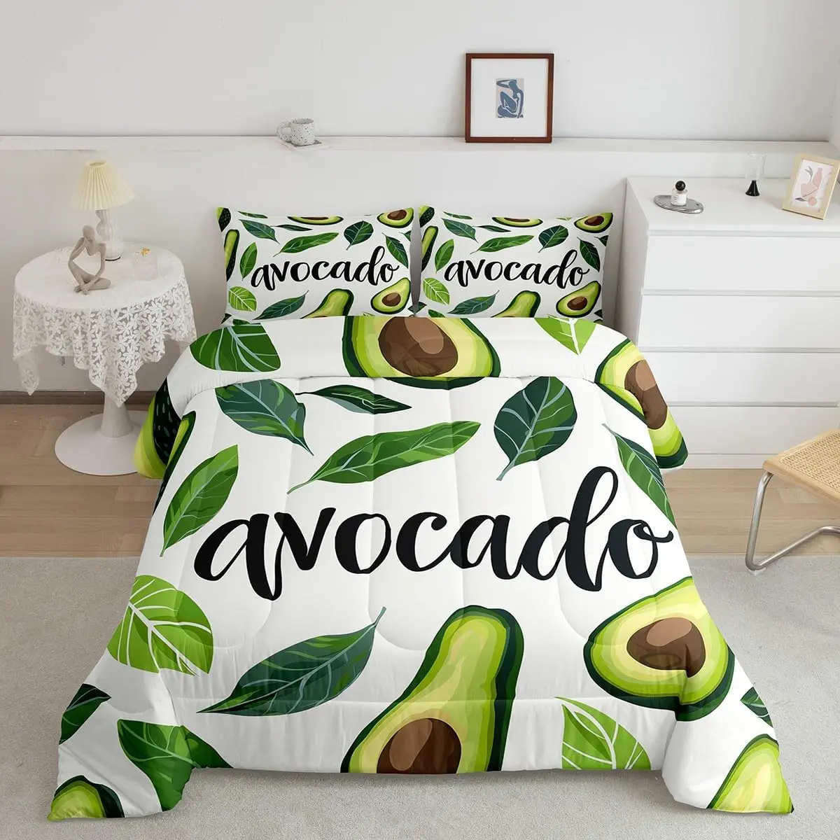 Avocado Comforter Set,Green Leaves Avocado Print Bedding Set Room Decor,White Modern Fashion Quilt Set,Summer Fruits Palm Leaves Boho Duvet Insert