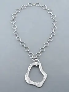 1pc Silver Color Boho Large Open Hollow Asymmetrical Pendant Chunky Chain Statement Necklace Suitable For Women's Daily Wear 18"+2" Extend Chain