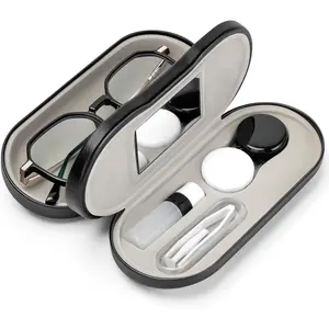 Glass Box 2 in 1 Contact Lens and Glasses Case Double Sided Portable Eyeglasses Case with Built-in Mirror Tweezer Remover and Contact Lens Solution Bottle Storage Kit for Travel Outdoors Daily Use Glass Accessories