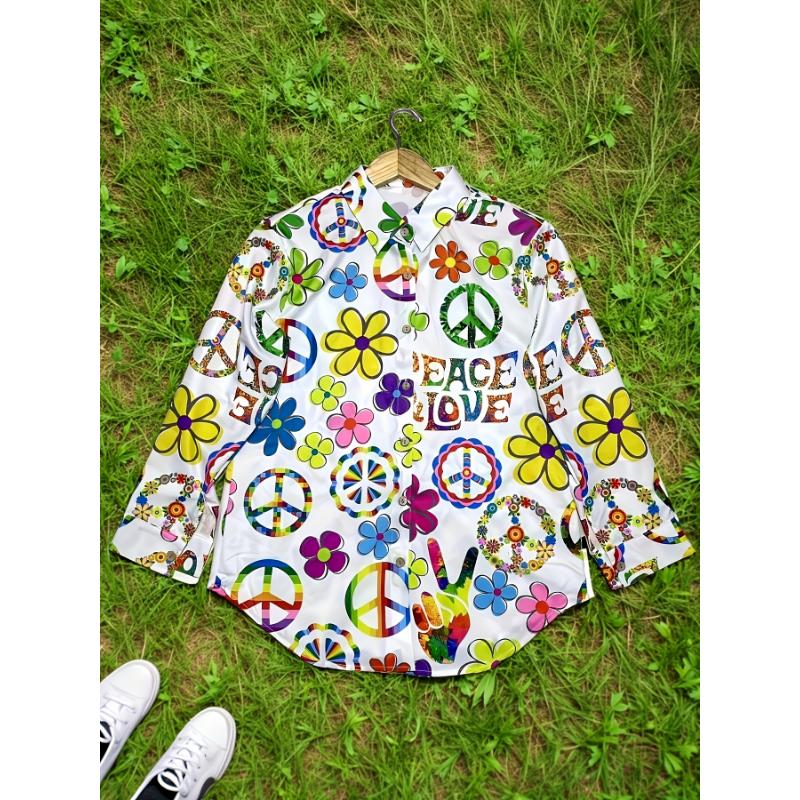 Women's Hippie Floral Print Peace Love Print Long Sleeve Shirt - Casual Button-Up with Vibrant Flower Design, Machine Washable, All-Season Wear, Casual Wear | Peace Symbol Design | Silklike Texture Women's