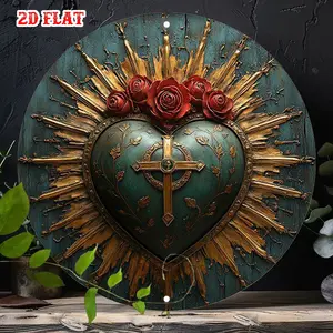 2D Flat 1pc religious - symbol Round Aluminum Sign, sacred - heart Metal Tin Sign - roses Rustic Metal Wall Art, cross Metal Wall Art Decor, Wall Decor Signs for Home, Garage, Dining Room, Cafe, 7.87X7.87" Round Aluminum Sig 7.8X7.8In