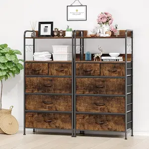 5 Drawer Fabric Dresser Tall Vertical Storage Organizer with Sturdy Metal Frame Wooden Top Open Shelves Hooks for Bedroom, Closet, Living Room Space-Saving Modern Design