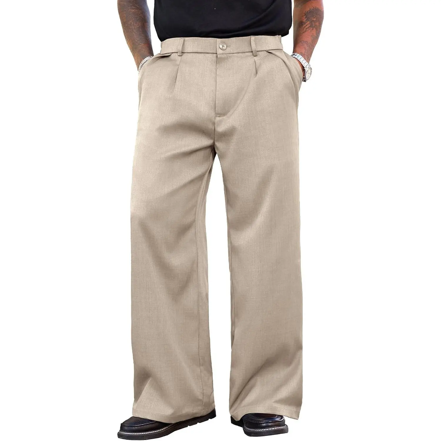 PLEPAN Menswear Formal Soft Fabric Wide-Leg Pants for Men - Loose, Pleated, Baggy, Relaxed-Fit, Elastic-Waist Business Slacks with Pockets, Beige, Large