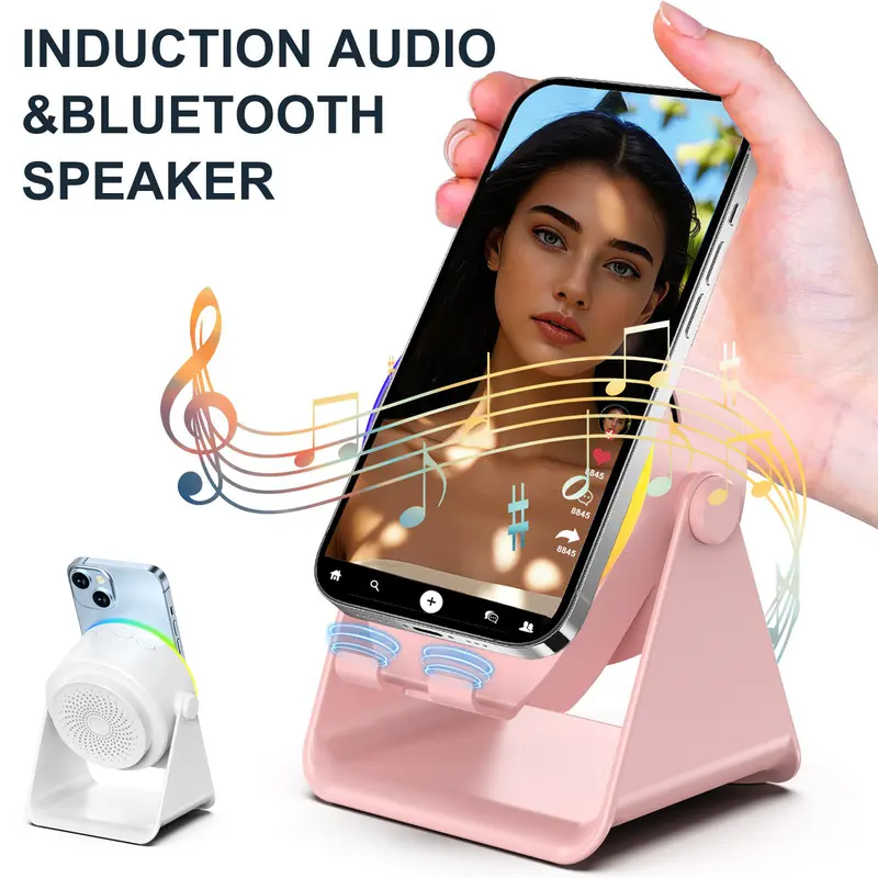 【Valentine's Day gift】Lentorgi 5-in-1 Wireless Induction Bluetooth Audio Speaker, Phone Stand Ambient Light, Surround Sound 360° Rotation Rechargeable Hands-Free Calls For Bedroom, Office, Kitchen, Camping, Yoga, Cooking Gifts for Men, Women, Elderly