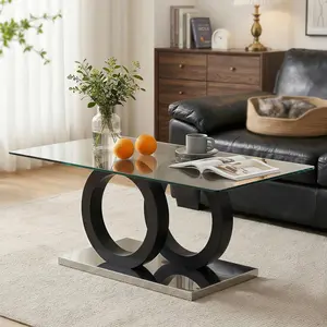 Glass Coffee Table for Living Room, Modern Rectangular Center Table, 47” Living Room Table with Clear Tempered Glass Top with Black MDF OO Legs and Silver Metal Base