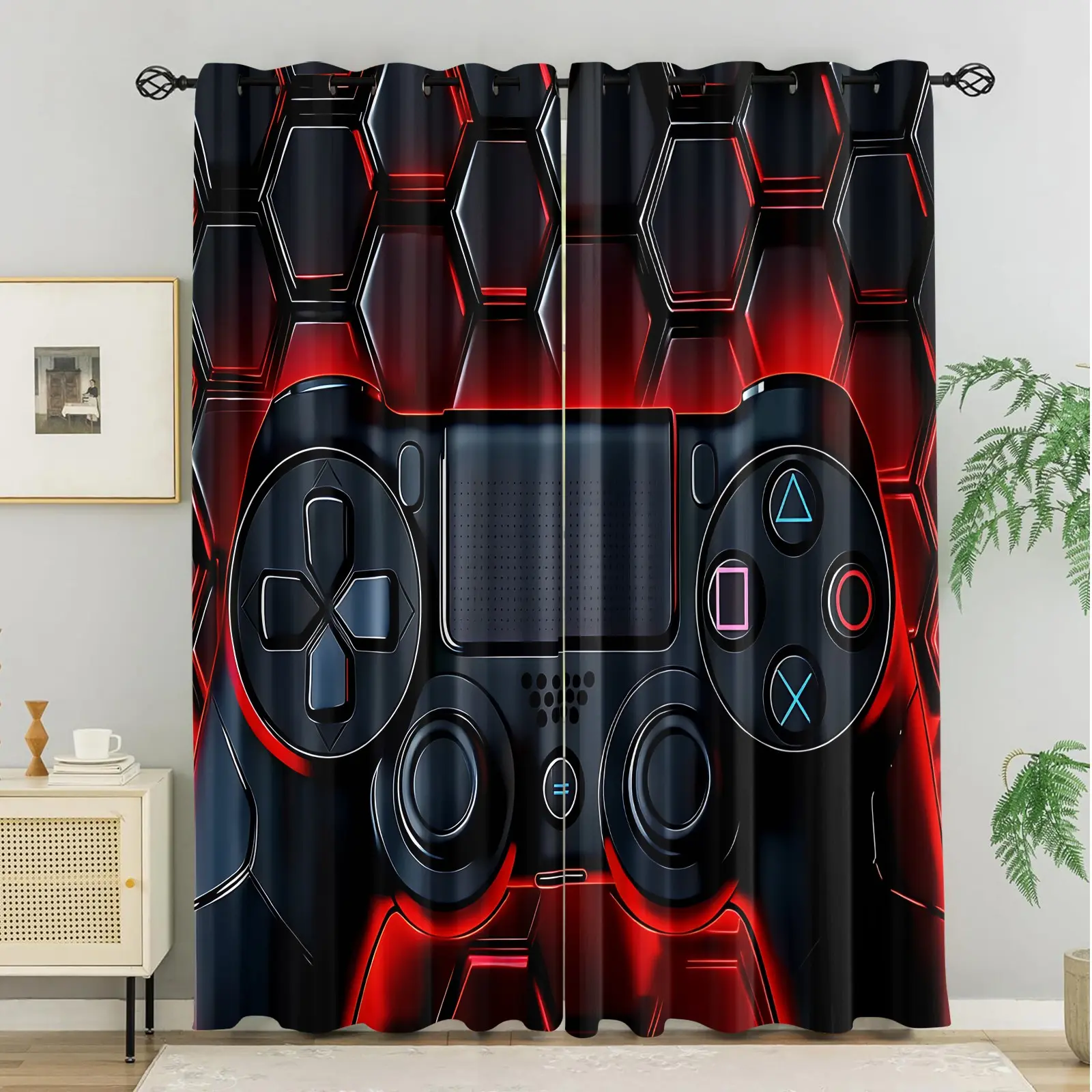 2Pcs Red and Black E-Sports Game Controller Printed Curtains, Suitable for Balconies, Teenagers' Bedrooms, Dormitories, Etc., Effectively Block Light and Protect Privacy. A Great Low-Cost Interior Design Item for E-Sports Style Renovations.