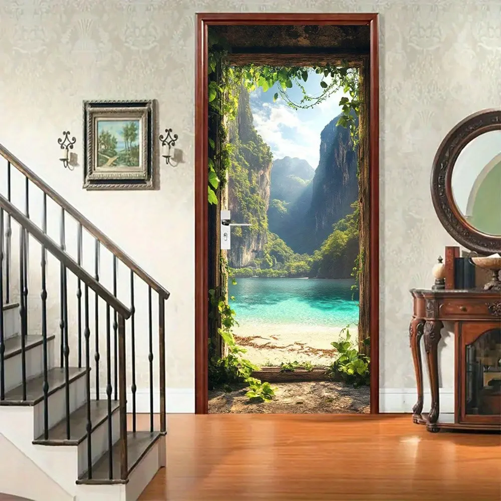 Tropical Beach Door Mural, Self-Adhesive Peel & Stick Natural Landscape Decorative Sticker, Modern Paper Door Decal, Living Room Bedroom Door Decoration, Nature Ornaments, Household Decoration Supplies