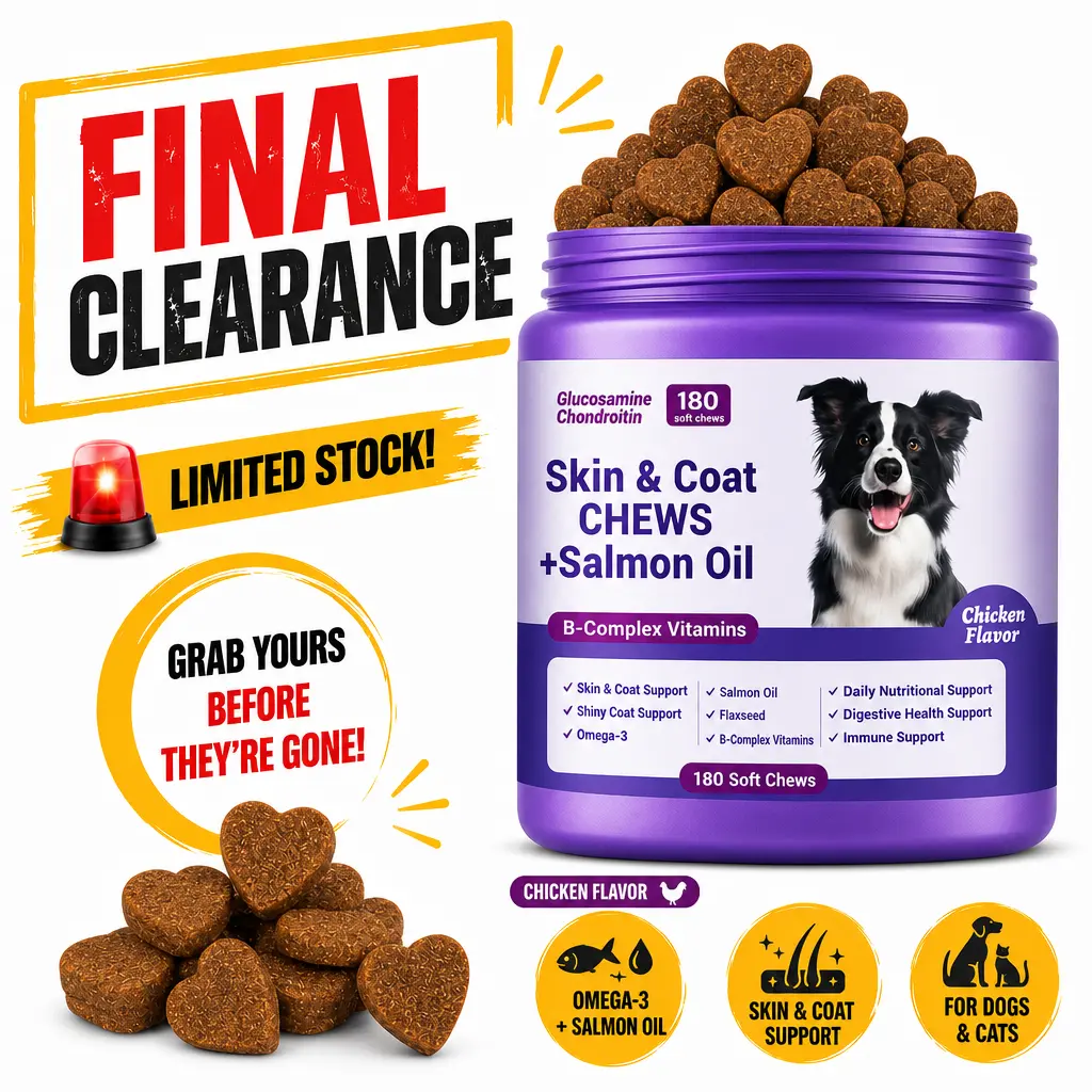 180ct Skin & Coat Soft Chews for Dogs and Cats, Salmon Oil with Omega3, Biotin, Zinc and Vitamin E, Supports Healthy Skin and a Shiny Coat, Chicken Flavor