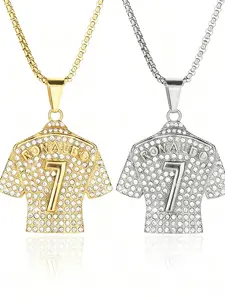 Men's Stainless Steel Pendant Necklace, Football Star Rhinestone Design, Lucky Numbers 7 & 10, Hip Hop Daily Wear Inspirational Jewelry Gift, Rhinestone Decorated Jewelry