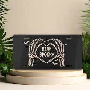 Stay Spooky Front License Plate, Skeleton Hands Heart Vanity Tag, Goth Car Accessories, Gothic Car Decor, Black License Plate with Bats