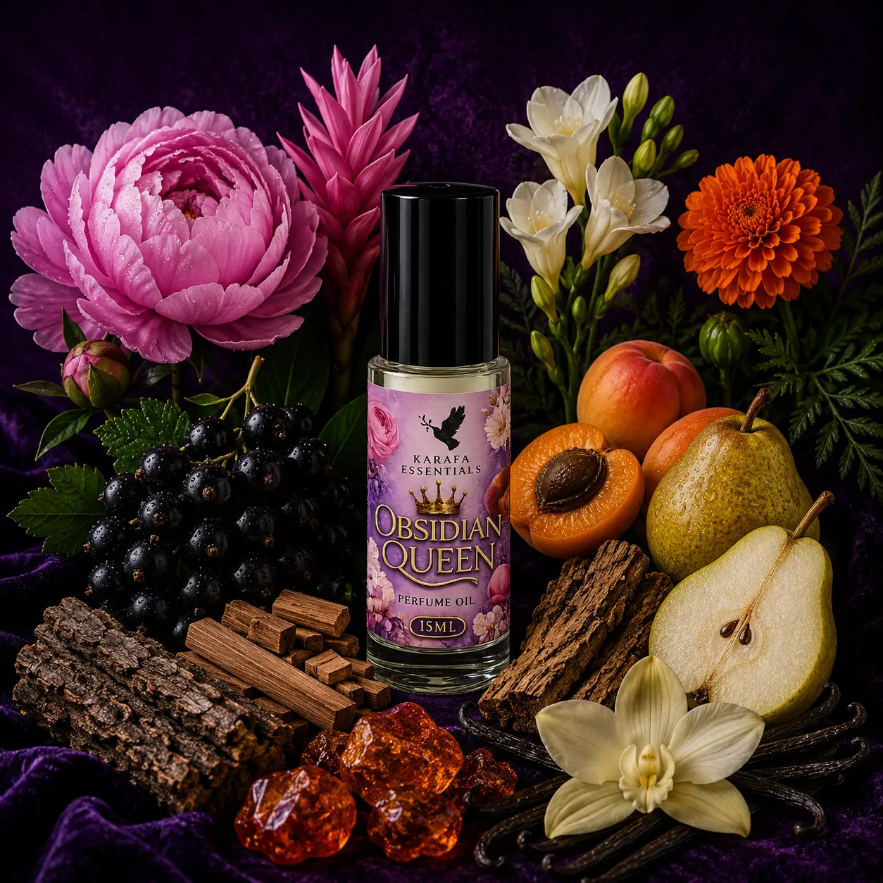 Obsidian Queen Perfume Oil Rollerball Peony, Ginger Flower, Freesia, Tagete, Black Currant , Apricot, Pear, White Cedarwood, Sandalwood, Amber, Vanilla by Karafa Essentials