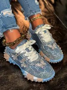 New Luxury Custom Embellished Butterfly Dad Shoes, Denim Fabric Heavy Rhinestone, Thick Sole Heightening Casual Women's Shoes